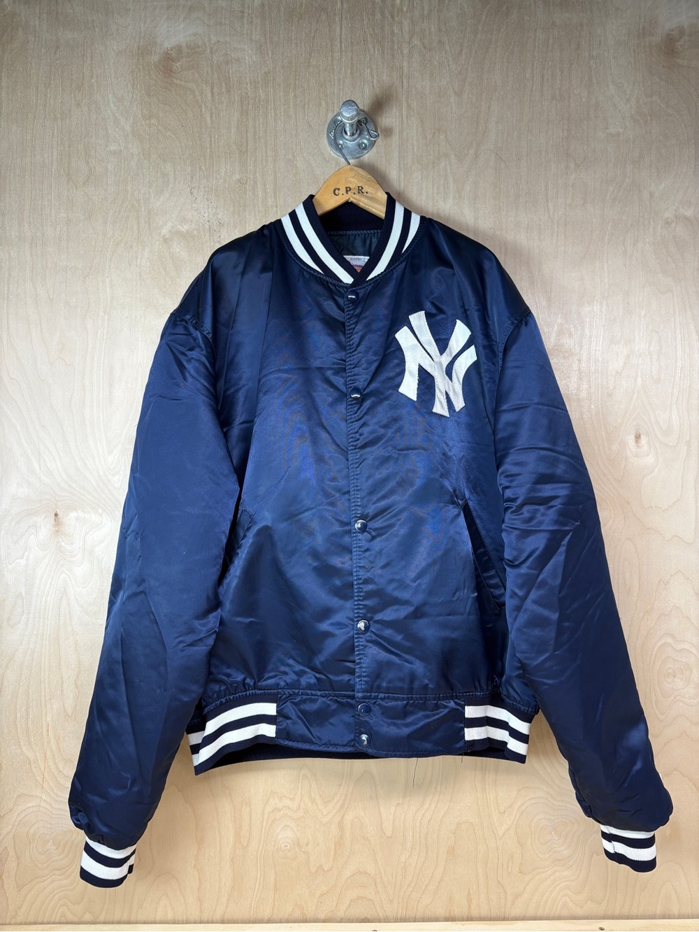 STARTER Navy Blue Satin New York Yankees MLB Logo Bomber Jacket